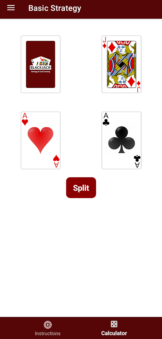 Pantalla Recomendación de split de la app Blackjack Strategy & Counting
