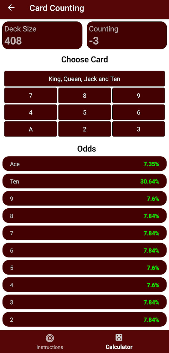 Pantalla Conteo en curso de la app Blackjack Strategy & Counting