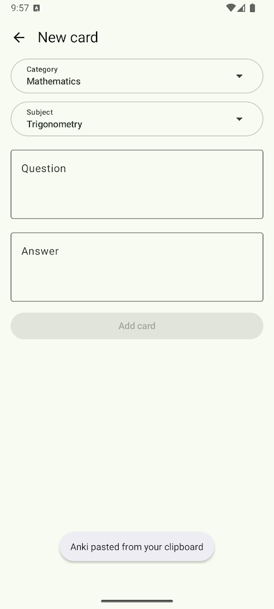 New card screen of the Easy Flashcard app
