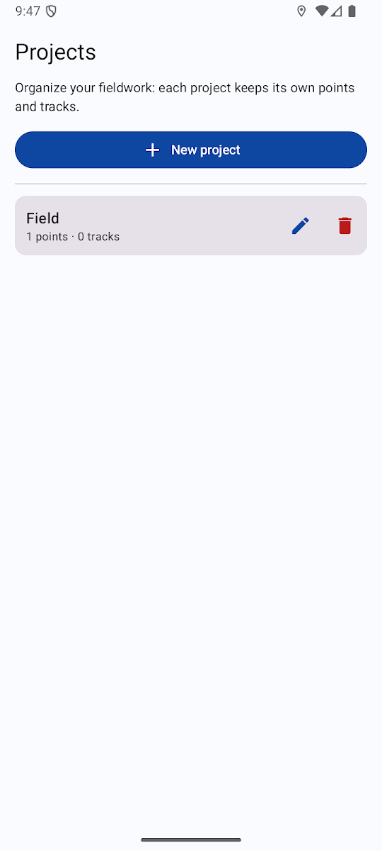 Pantalla Proyectos de la app Levantamiento Topográfico