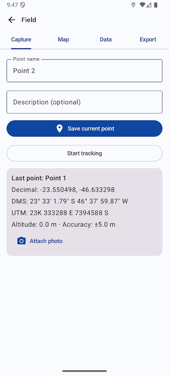 Pantalla Captura de puntos de la app Levantamiento Topográfico