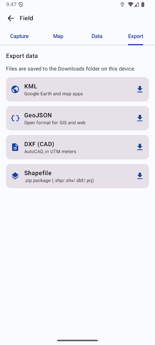 Pantalla Exportación de la app Levantamiento Topográfico