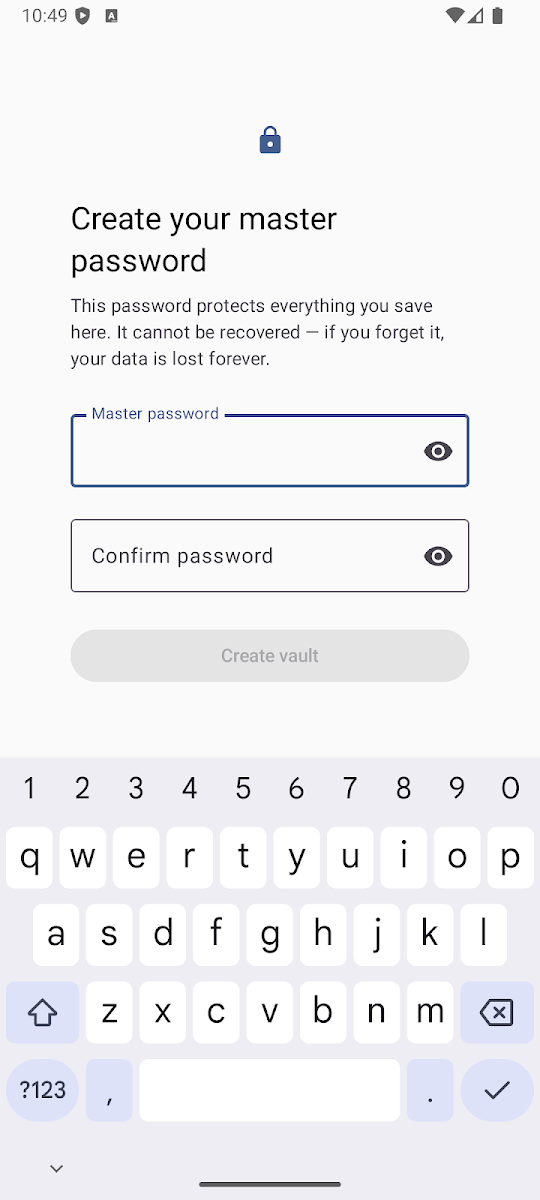 Pantalla Contraseña maestra de la app Vault — Gestor de Contraseñas