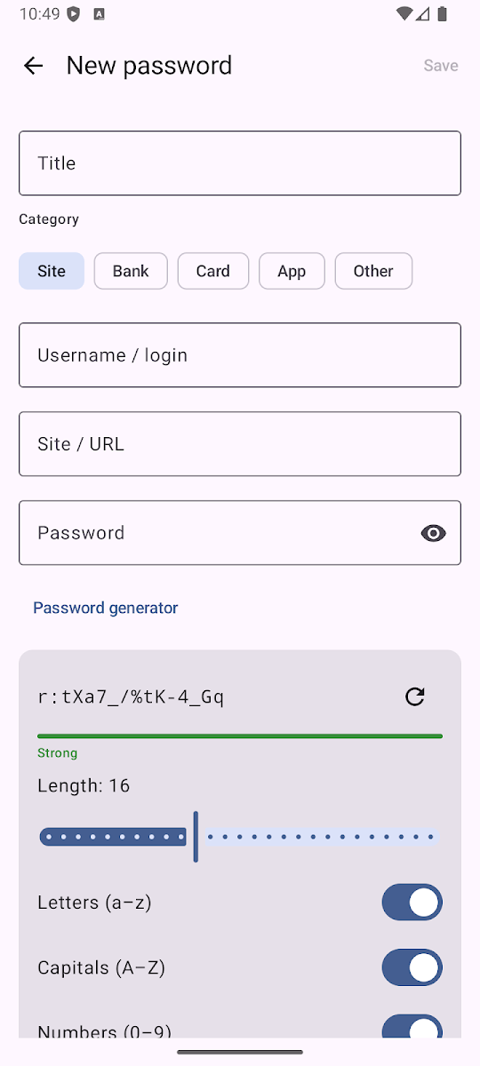 Pantalla Nueva contraseña de la app Vault — Gestor de Contraseñas