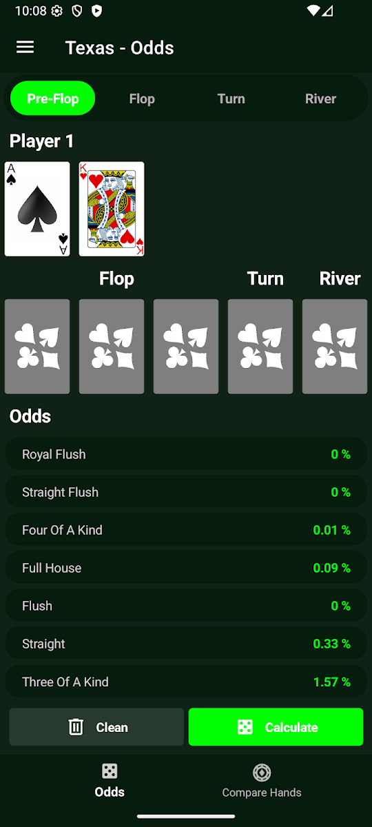 Pantalla Texas Hold'em de la app Poker Odds