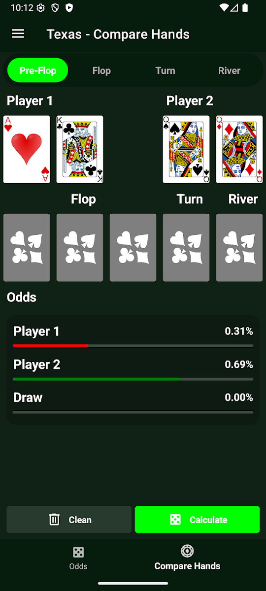 Pantalla Comparar manos de la app Poker Odds