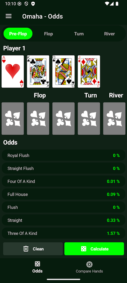 Pantalla Omaha de la app Poker Odds