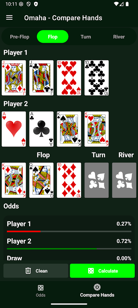 Pantalla Omaha en el flop de la app Poker Odds